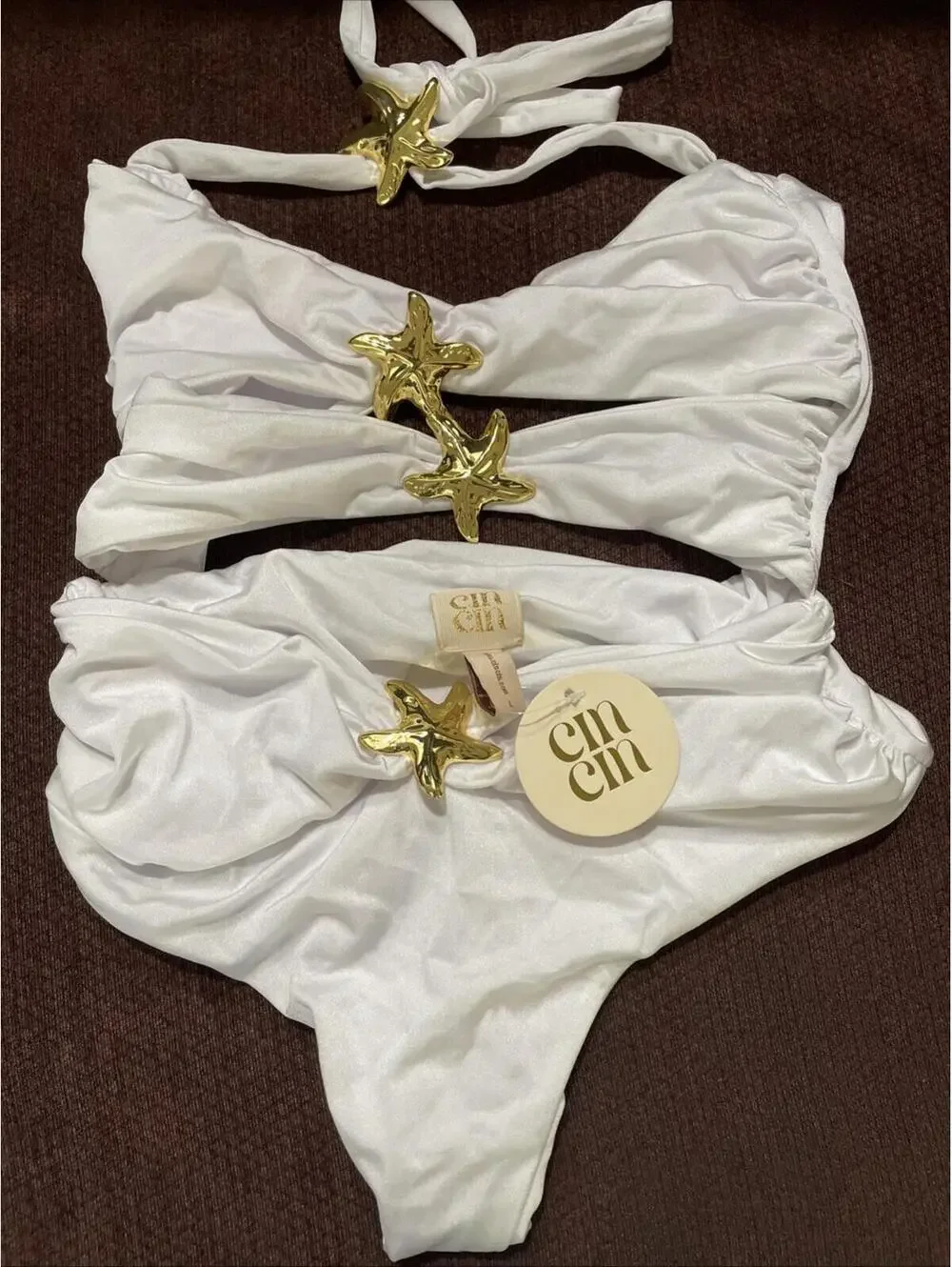 Cin Cin Diamond Seastar One Piece Swimsuit Pearl Cutout GOLD starfish $230 NWT